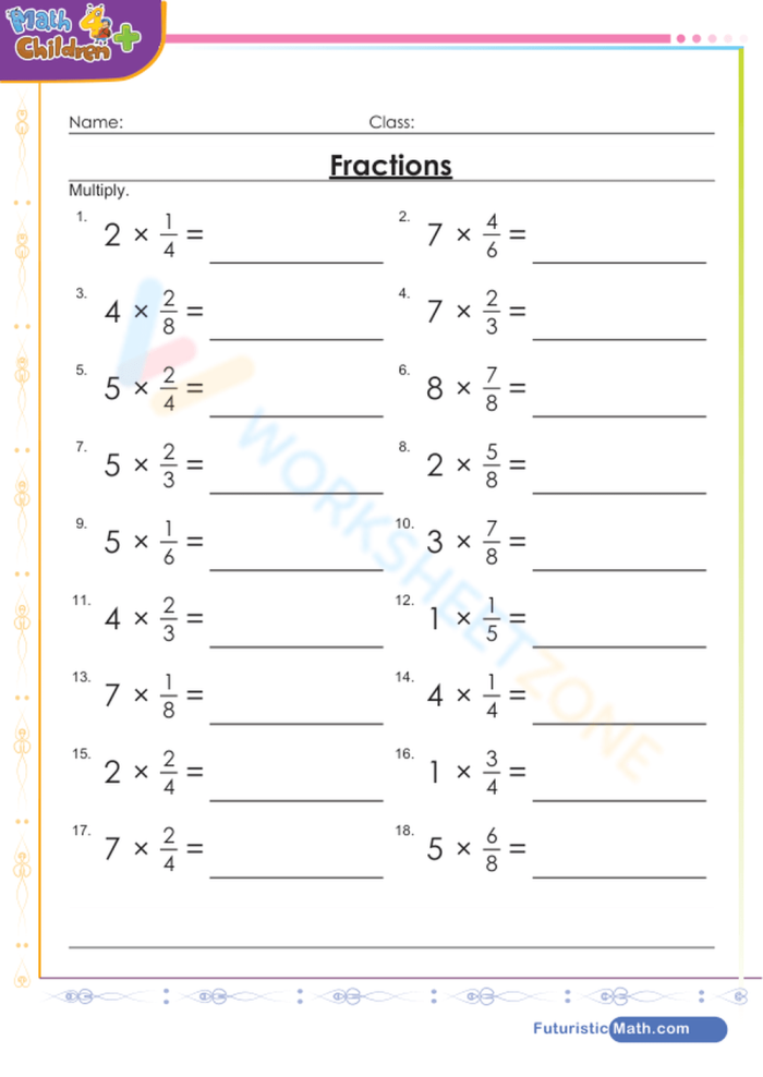 Fifth grade math worksheet showing multiplication to find a fraction of a whole number