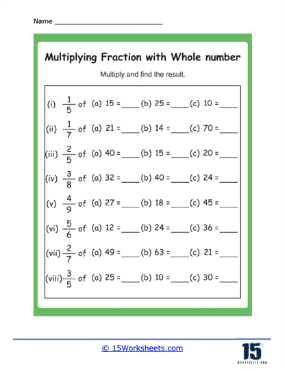 Fifth grade worksheet showing multiplication of fractions to find parts of a whole number