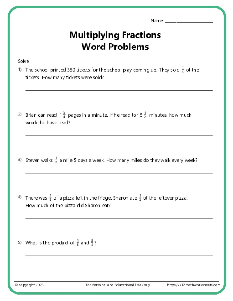 Fifth grade worksheet showing multiplication of fractions with whole numbers for understanding groups within groups