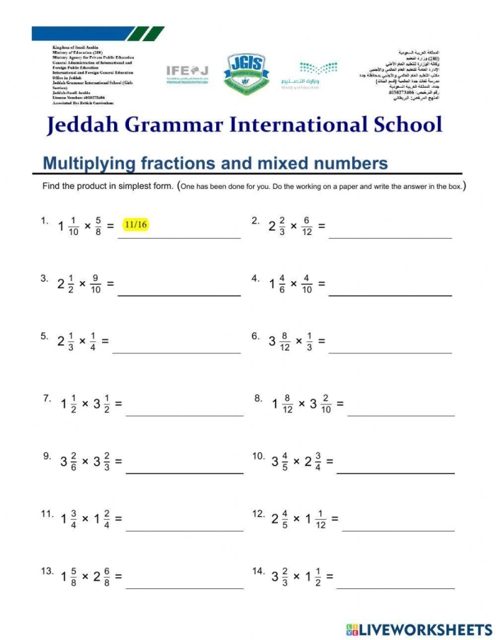 Fifth grade worksheet showing multiplication of fractions to find part of a whole number