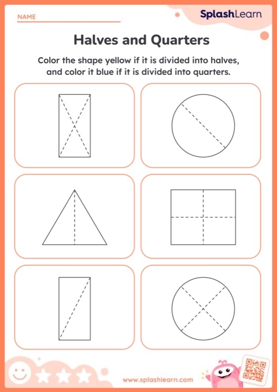 Second grade worksheet with circles divided into halves, thirds, and fourths for fraction practice