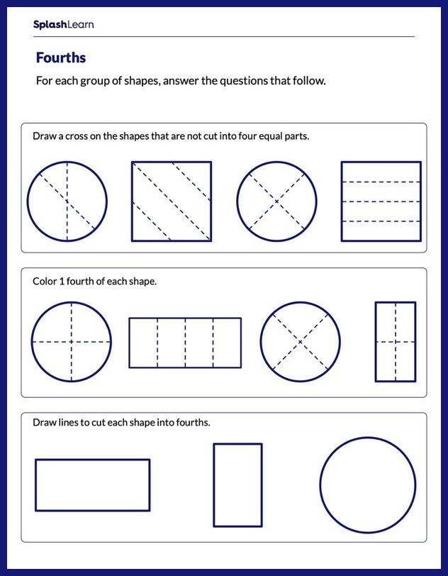 Second grade worksheet showing circles divided into halves, thirds, and fourths with shaded sections for fraction practice