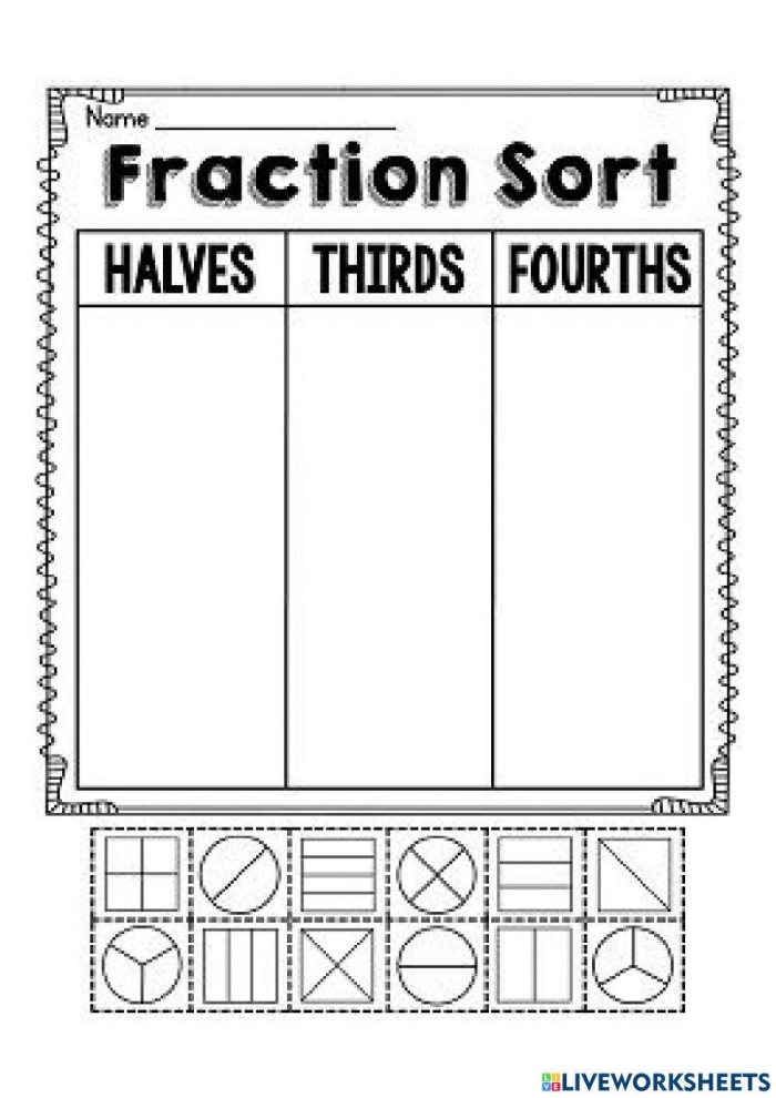 Second Grade worksheet showing circles divided into halves, thirds, and fourths with shaded sections for fraction practice