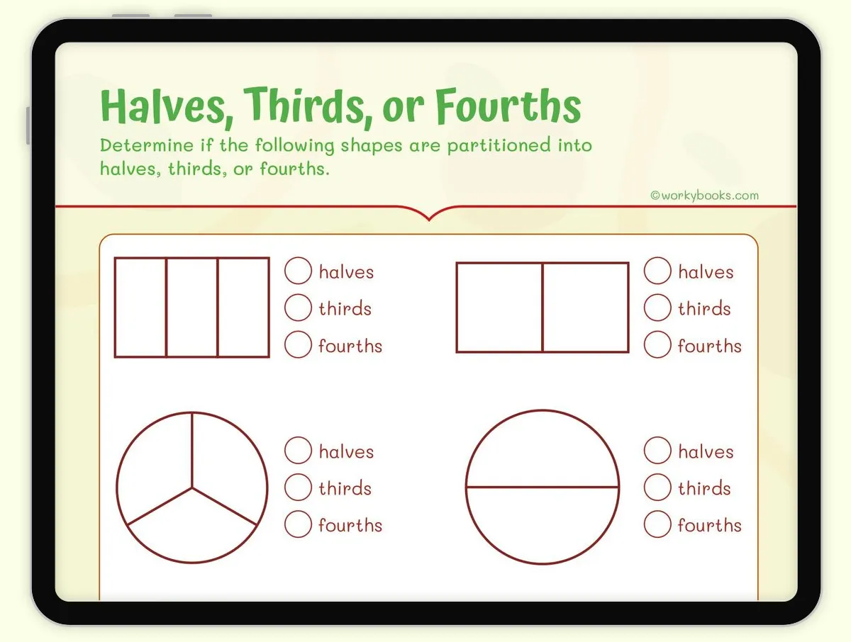 Second grade worksheet showing circles divided into halves, thirds, and fourths with shaded sections for fraction practice