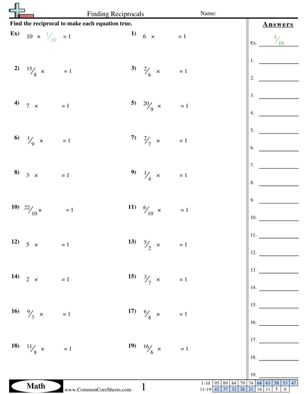Worksheet for practicing finding the reciprocal of fractions and mixed numbers for fifth graders
