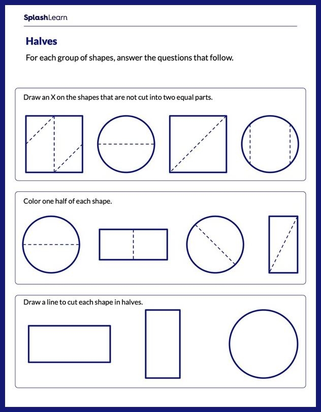 Second grade worksheet showing circles divided into halves, thirds, and fourths with shaded sections