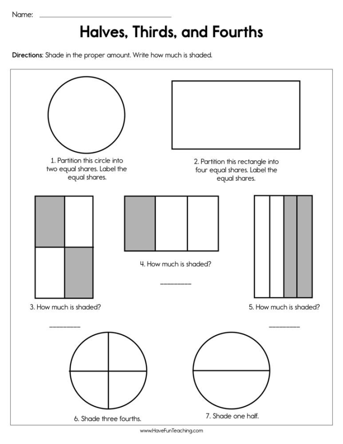 Second grade worksheet featuring circles divided into halves, thirds, and fourths for fraction practice