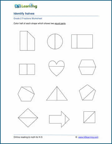 Second Grade worksheet showing circles divided into halves, thirds, and fourths for fraction practice