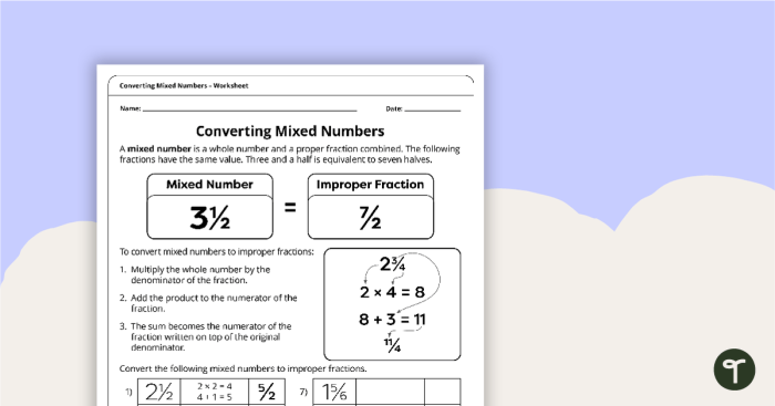 Fifth grade math worksheet focusing on mixed and improper fractions practice