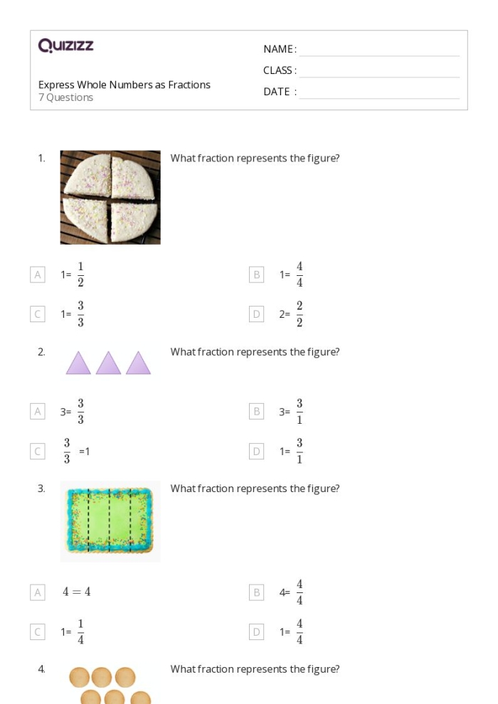 Third grade worksheet showing whole numbers expressed as equivalent fractions on a number line