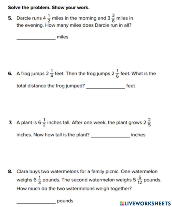 Fifth grade worksheet on solving fraction word problems with unlike denominators