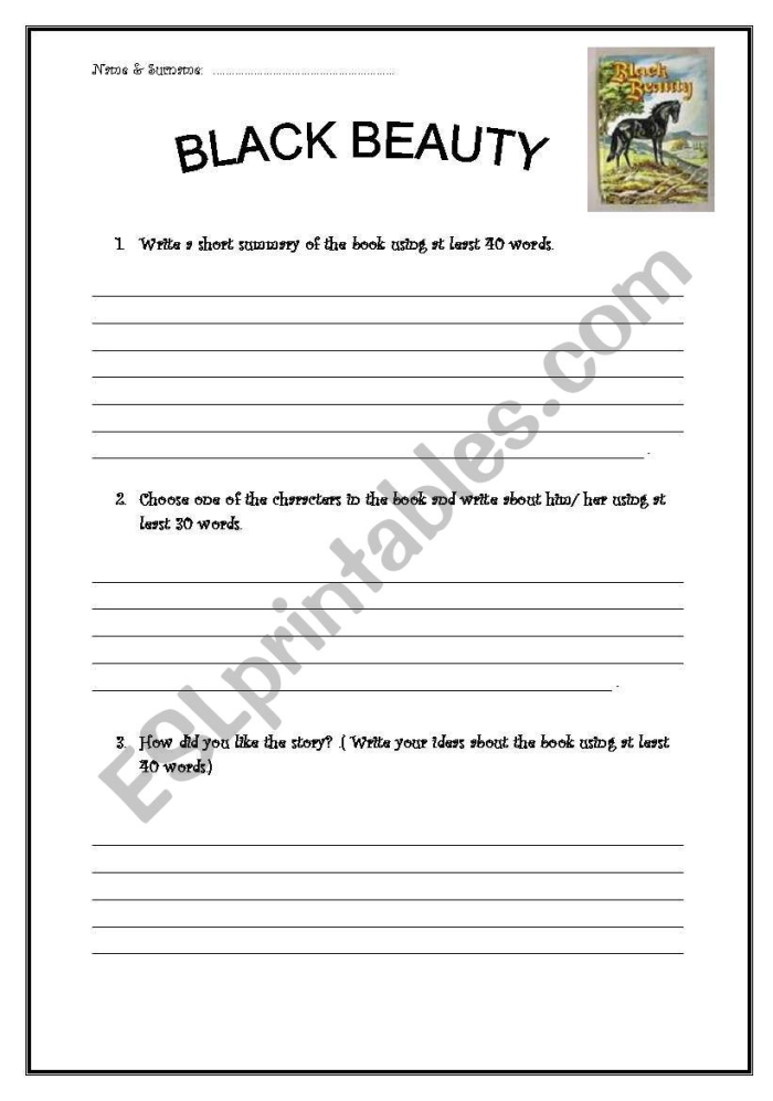 Black Beauty themed reading and fractions worksheet for grade 5 learners, image 24 Fifth grade worksheet combining fractions and reading comprehension from Black Beauty