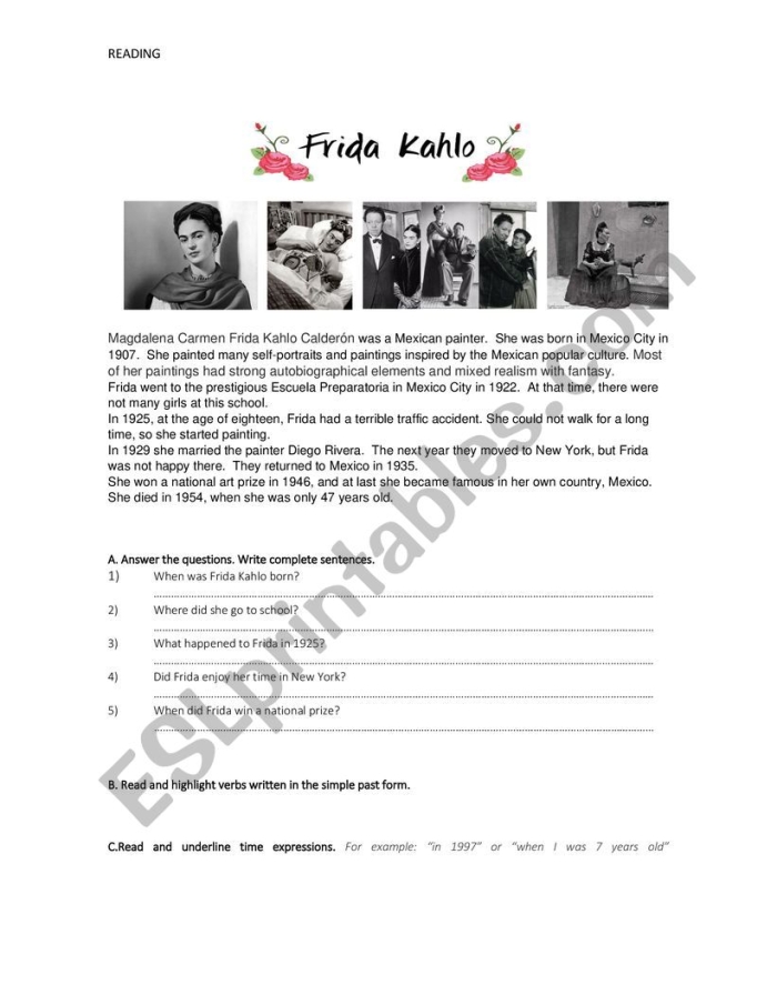 Frida Kahlo biography worksheet for fifth grade writing and art lessons Fifth grade worksheet featuring a biography of artist Frida Kahlo for art students