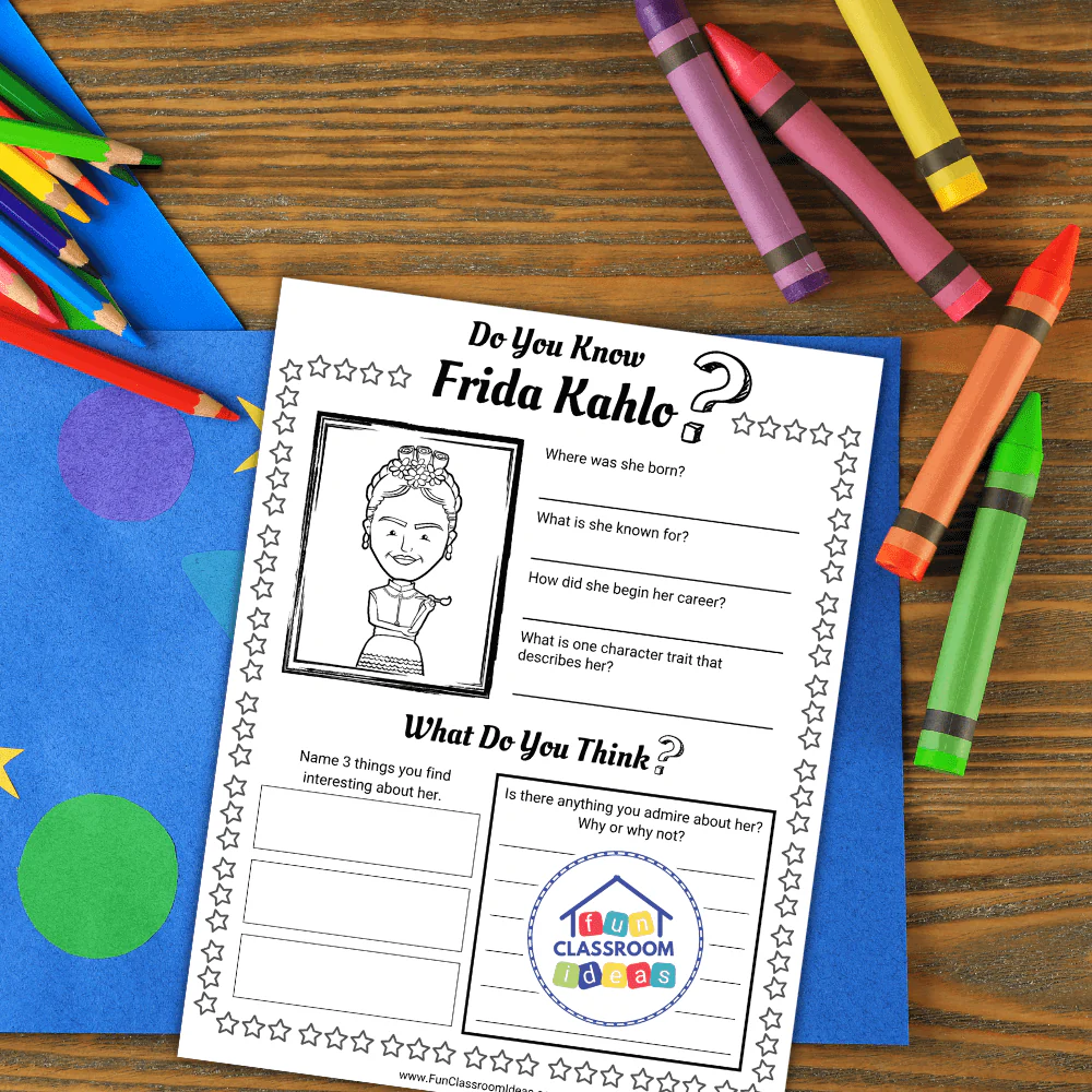 Frida Kahlo biography activity sheet designed for fifth grade art students to explore her story Fifth grade worksheet featuring key facts about Frida Kahlo's life and art for student learning