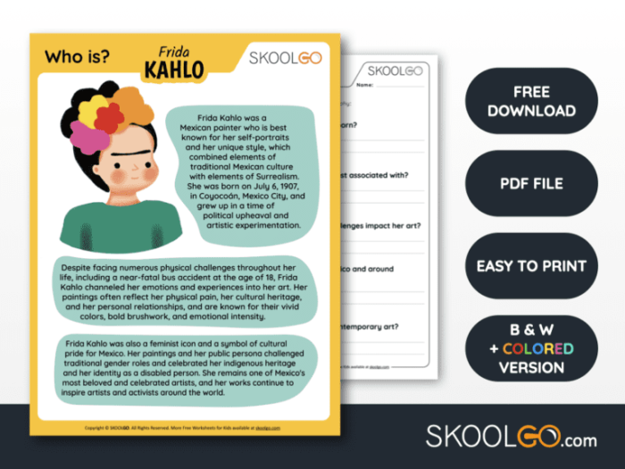 Worksheet for exploring the life and art of Frida Kahlo in grade five writing class Fifth grade art worksheet featuring a biography of Frida Kahlo for student learning