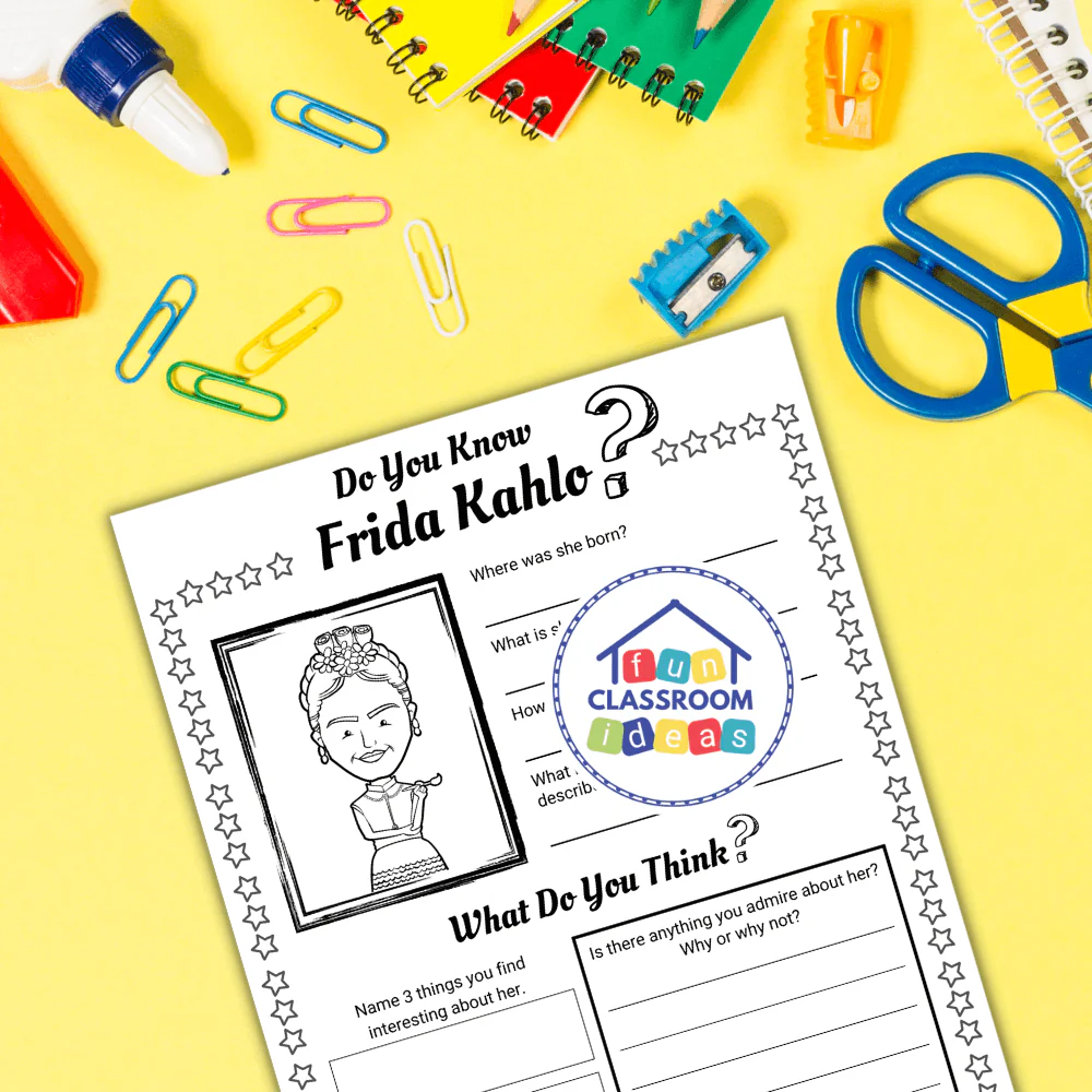 Frida Kahlo biography activity sheet for fifth grade students learning about famous artists Fifth grade art worksheet featuring key facts about Frida Kahlo’s life and work