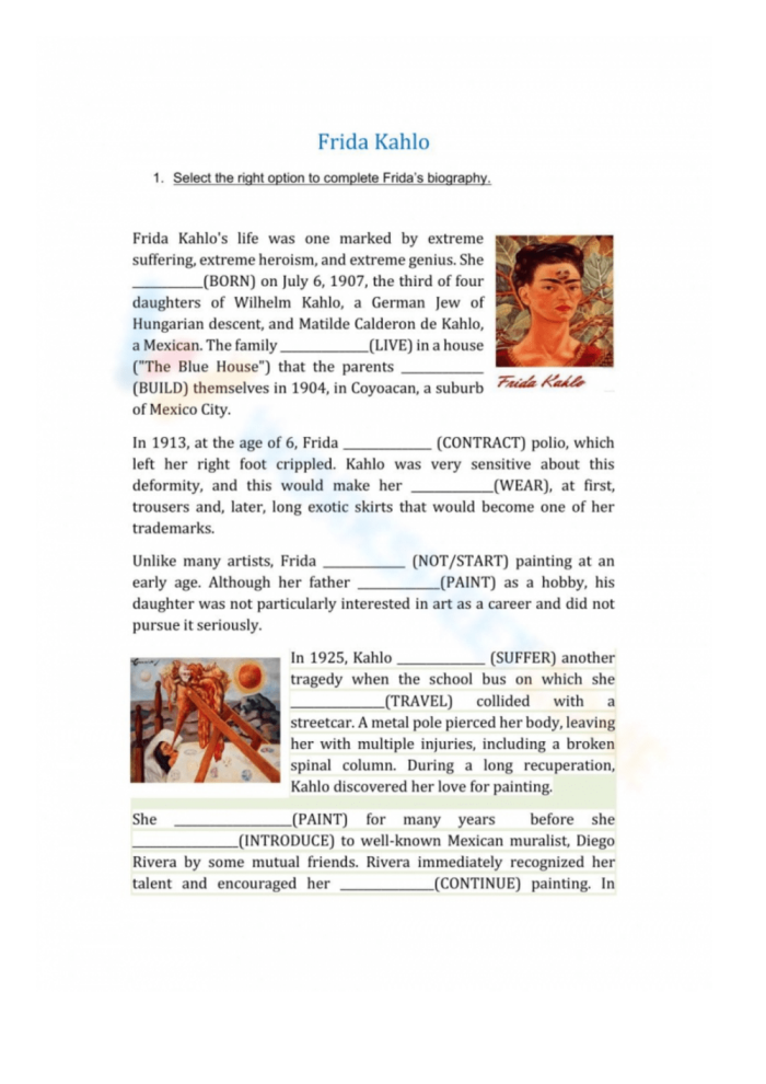Fifth grade writing worksheet focused on the life of Frida Kahlo with art activities Frida Kahlo Biography worksheet for fifth grade art students learning about the artist