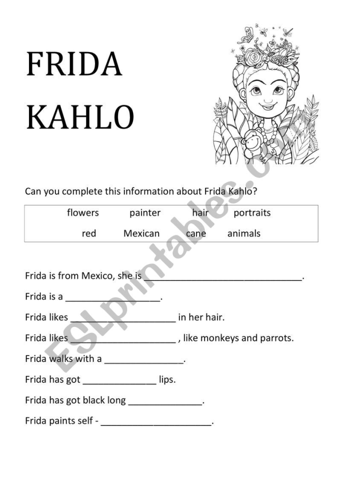 Frida Kahlo biography worksheet for fifth grade students to explore her life and art Fifth grade worksheet featuring facts about artist Frida Kahlo for art class