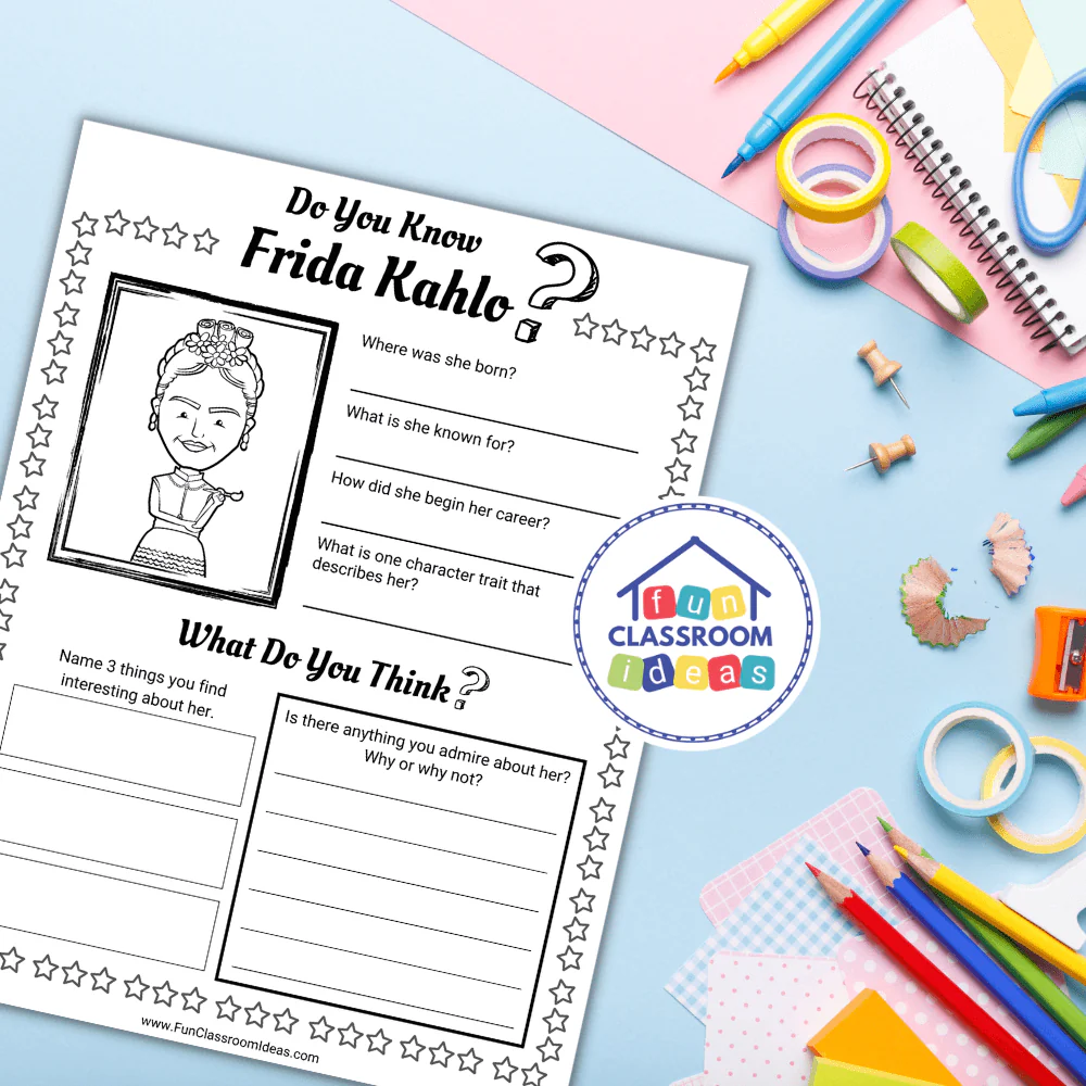 Frida Kahlo biography worksheet designed for fifth grade writing activities Fifth grade worksheet featuring a brief biography of artist Frida Kahlo for art students