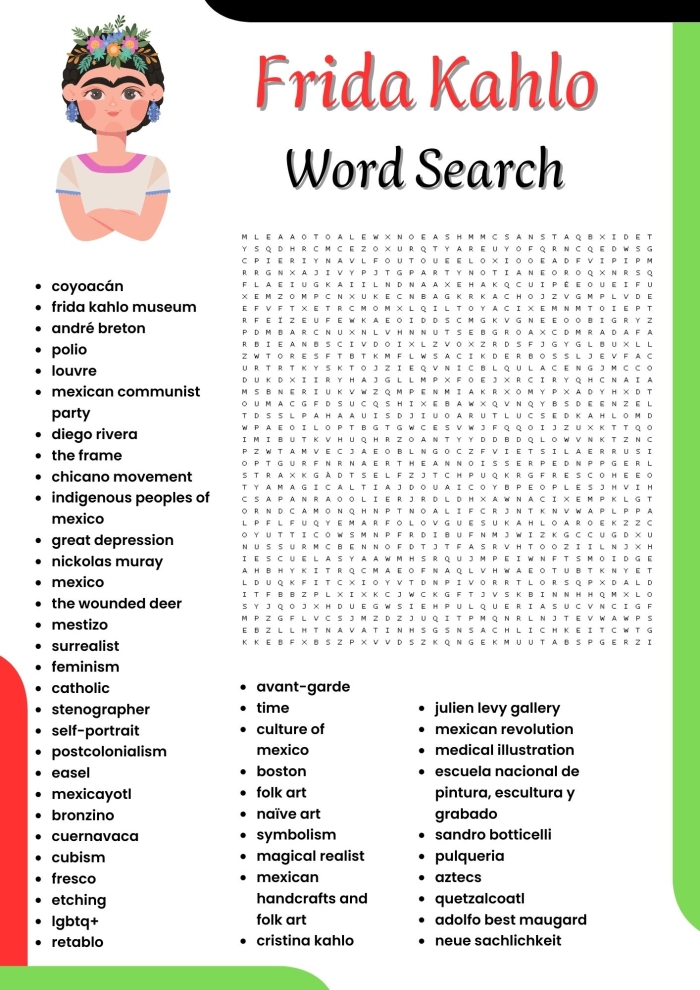 Frida Kahlo biography activity sheet for fifth grade art students number 19 Fifth grade art worksheet featuring Frida Kahlo biography and creative writing prompts