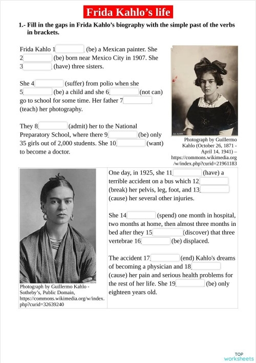 Educational worksheet for learning about Frida Kahlo in art class, image 4 Fifth grade worksheet featuring a brief biography of artist Frida Kahlo