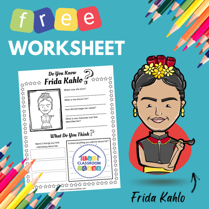Frida Kahlo biography worksheet for fifth graders exploring her life and art skills 20 Fifth grade art worksheet featuring a biography of Frida Kahlo for student learning