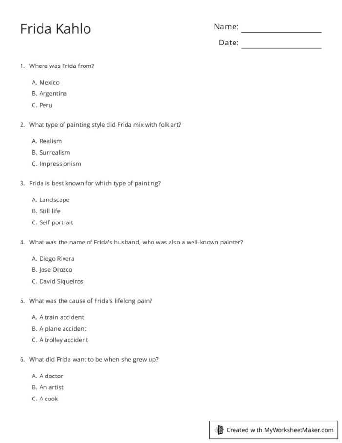 Exploring Frida Kahlo's life through a detailed biography worksheet for students Fifth grade art worksheet featuring a biography of artist Frida Kahlo