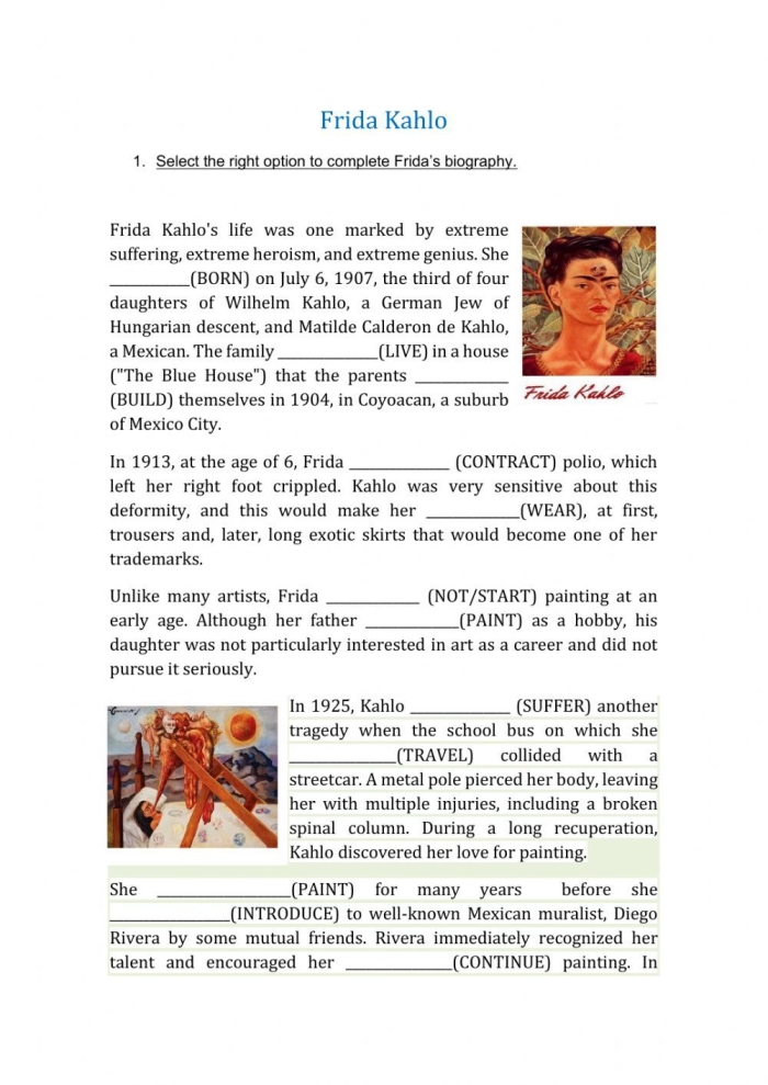 Frida Kahlo life story writing worksheet for fifth graders number 17 Fifth grade worksheet featuring a biography of artist Frida Kahlo with writing prompts