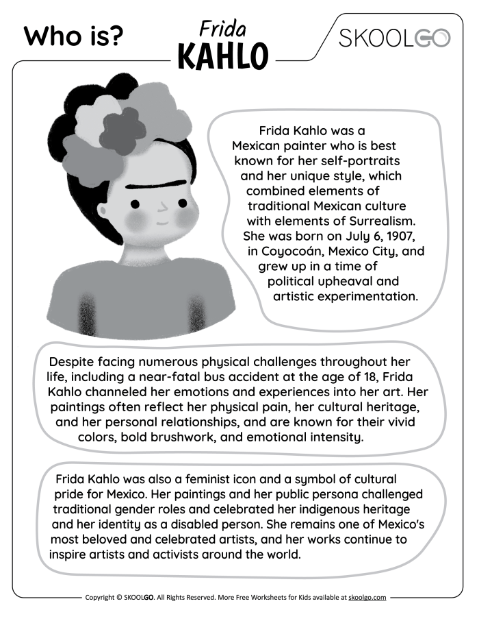 Frida Kahlo biography worksheet for fifth grade art students, image 14 Fifth grade art worksheet featuring a biography of Frida Kahlo
