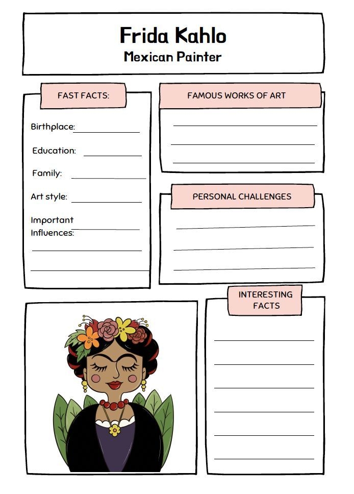 Worksheet titled Frida Kahlo's life and art for fifth grade writing activities Frida Kahlo biography worksheet for fifth grade art students learning about the artist