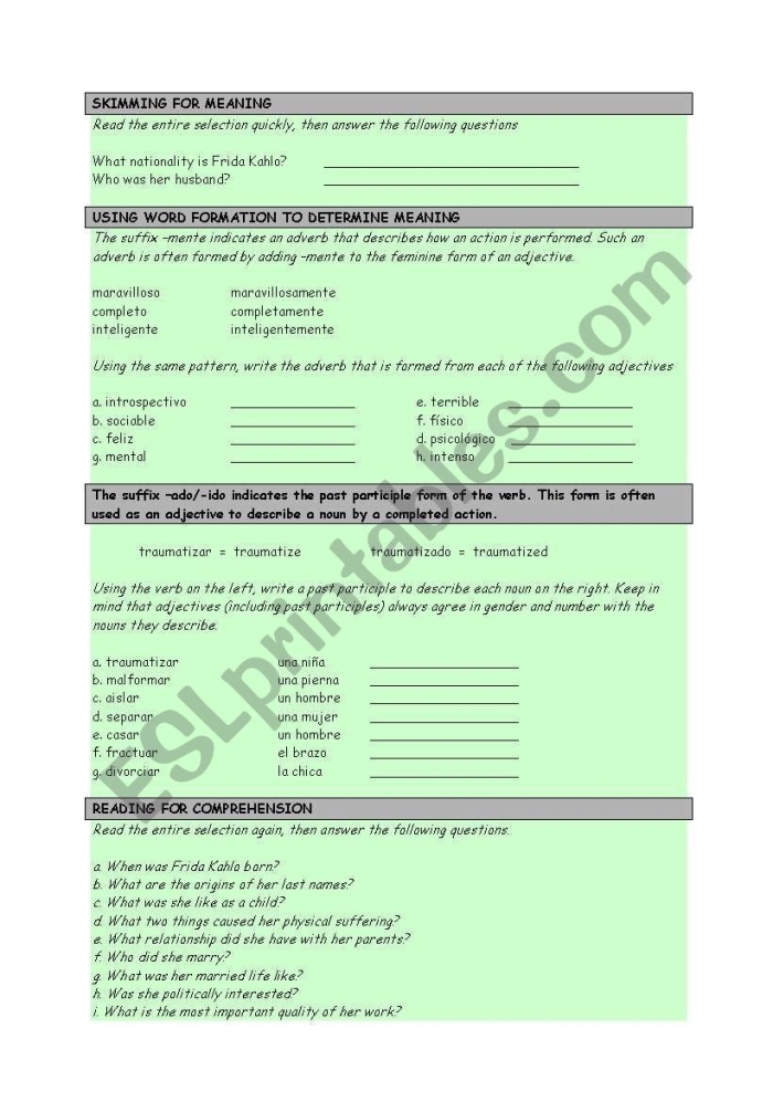 Frida Kahlo Biography worksheet for fifth grade students on art history facts Fifth grade art worksheet exploring key facts about Frida Kahlo