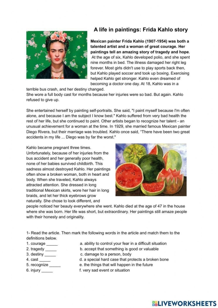 Worksheet image for exploring the life and work of Frida Kahlo in a fifth-grade classroom Fifth grade art worksheet featuring a biography of Frida Kahlo for student learning