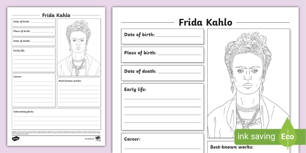 Educational Frida Kahlo biography activity for fifth grade students 24 Fifth grade worksheet featuring key facts about Frida Kahlo's life and art