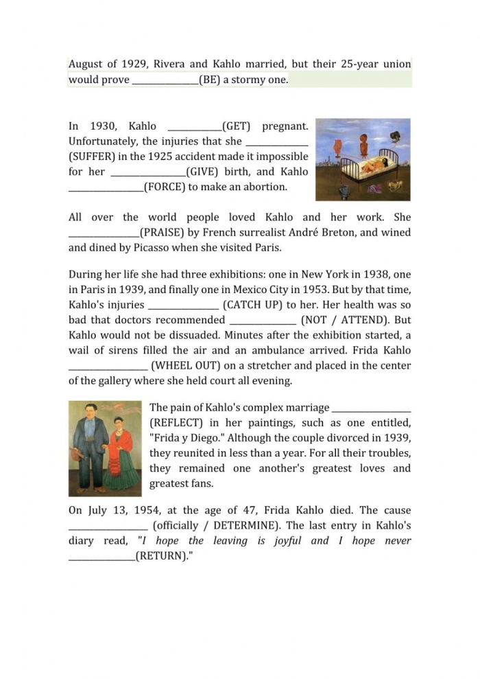 Educational worksheet for learning about Frida Kahlo’s life and art style Fifth grade worksheet featuring biographical facts about artist Frida Kahlo