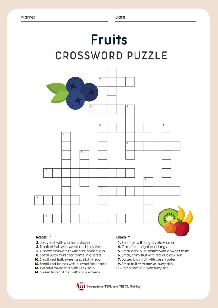Engaging Picture Crossword: Fruit! worksheet for first graders Colorful fruit-themed crossword puzzle for kids to practice spelling