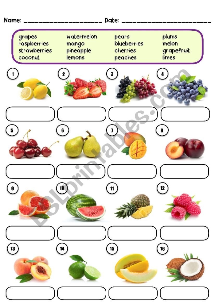 Engaging fruit-themed vocabulary worksheet designed for first graders to practice spelling and coloring fun First Grade fruit vocabulary worksheet featuring coloring and spelling activities for young learners
