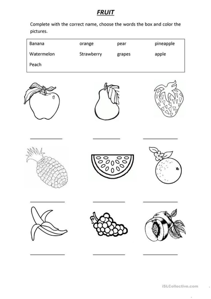 Engaging Fruit Vocabulary coloring and spelling worksheet for first graders, image 9 First Grade Fruit Vocabulary worksheet featuring colorful fruit illustrations and spelling practice