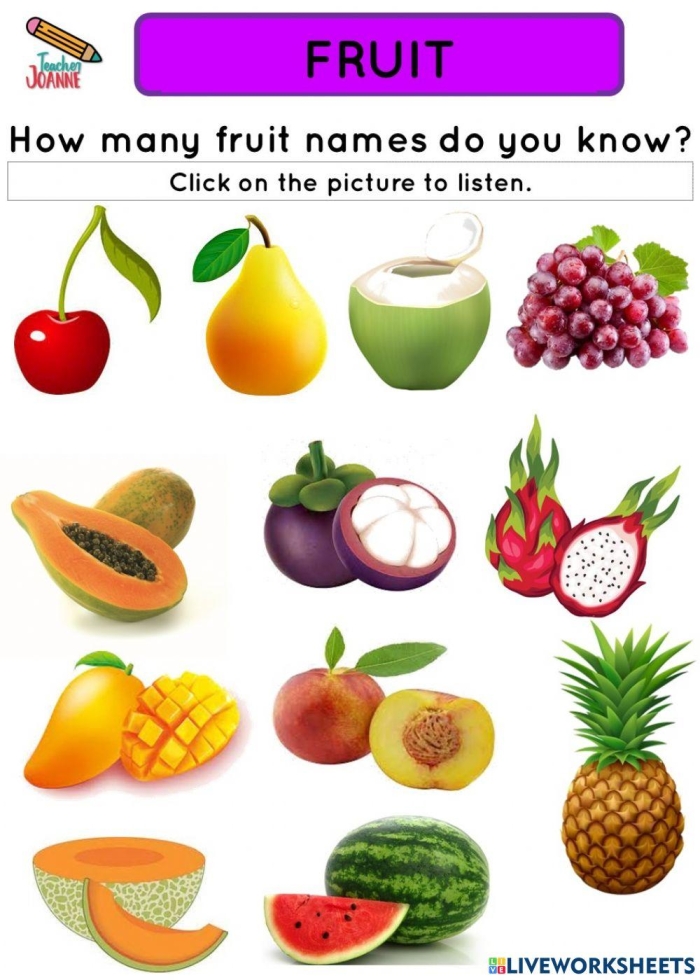 Engaging fruit-themed worksheet for first graders focusing on vocabulary and coloring fun First Grade fruit vocabulary worksheet featuring colorful fruit illustrations and spelling practice