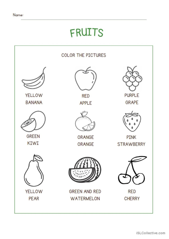 Engaging fruit-themed worksheet for young learners to practice spelling and coloring fruits First grade fruit vocabulary worksheet featuring coloring and spelling exercises