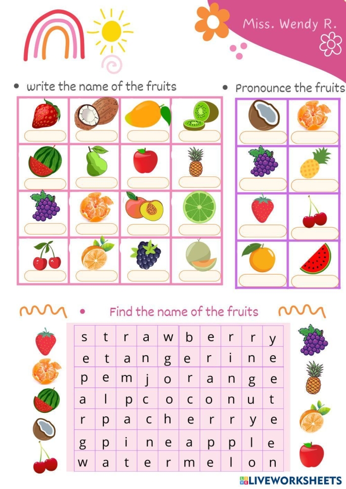 Engaging Fruit Vocabulary Worksheet for First Graders with Fun Coloring and Spelling Activities First Grade fruit vocabulary worksheet featuring coloring and spelling exercises for young learners