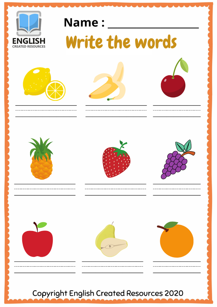 Engaging fruit-themed coloring and spelling worksheet for first graders to boost vocabulary skills First Grade fruit vocabulary worksheet featuring coloring and spelling activities for young learners