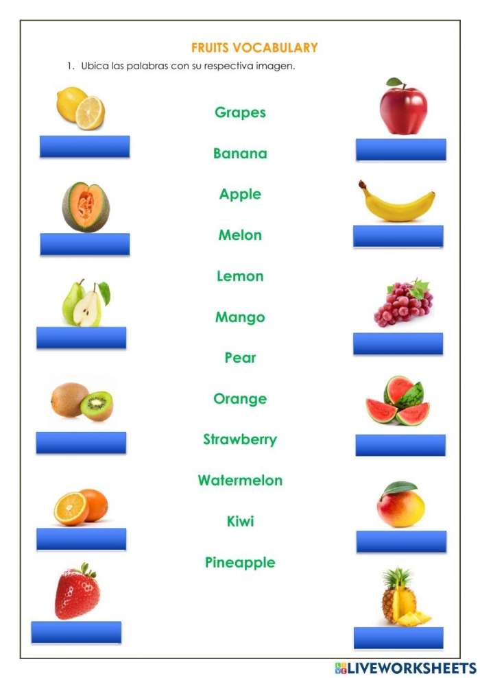 Engaging fruit-themed vocabulary and coloring worksheet designed for young learners in grade one, image 21 Fruit Vocabulary worksheet for first graders featuring coloring and spelling activities with various fruits