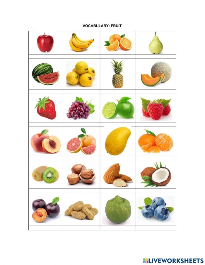 Engaging fruit-themed spelling and coloring activity for young learners on worksheet six First Grade fruit vocabulary worksheet featuring colorful fruit illustrations and spelling practice