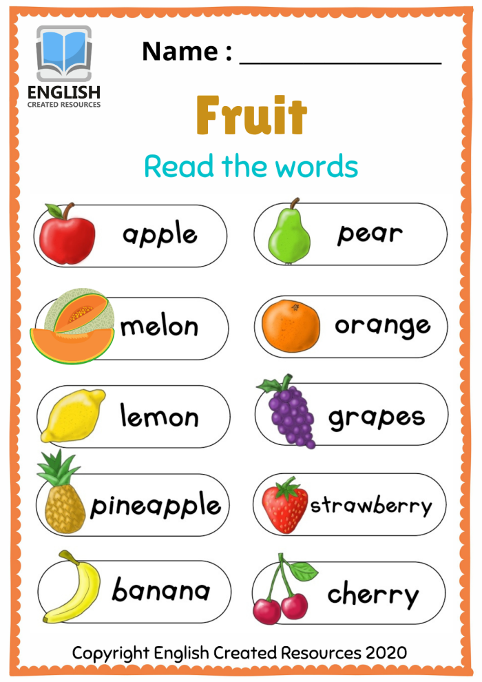 Engaging fruit-themed vocabulary activity for young learners to color and spell correctly First Grade Fruit Vocabulary worksheet featuring colorful illustrations and spelling exercises