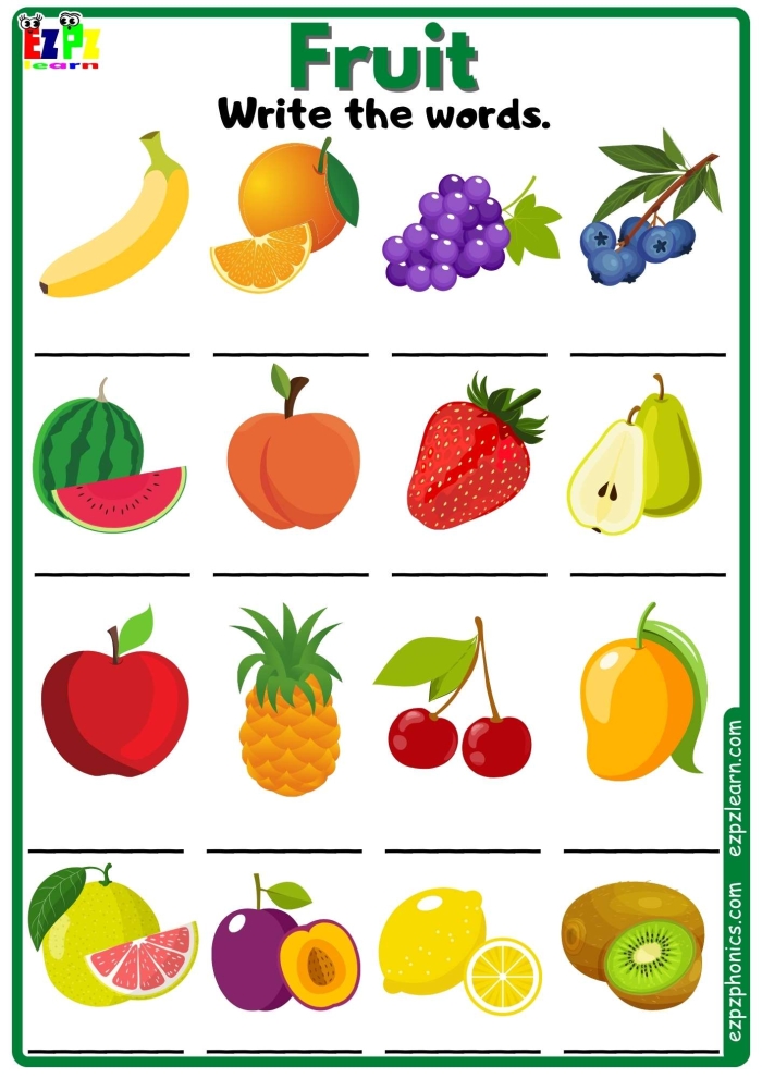 Engaging fruit vocabulary activity sheet for first graders to color and spell fruit names Colorful first grade worksheet featuring fruit vocabulary with coloring and spelling exercises