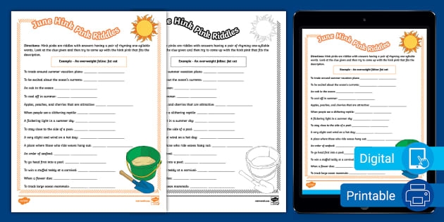 Summer-themed hink pink riddles worksheet for sixth grade reading practice
