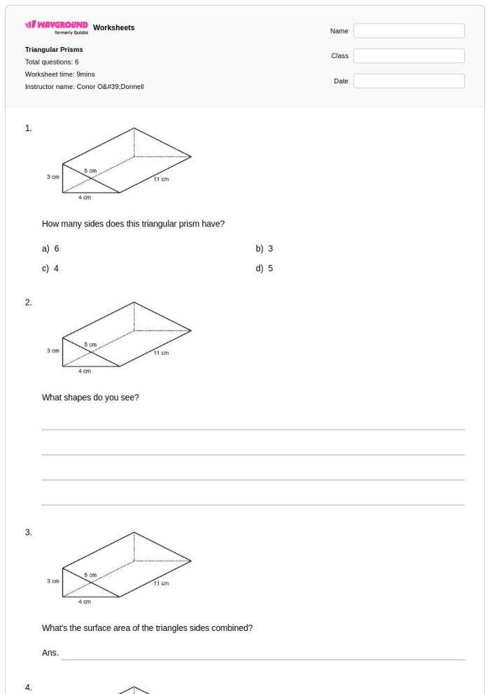 Worksheet for creating a paper triangular prism to explore geometry concepts. Fun addition activity for second graders featuring a colorful triangular prism craft.