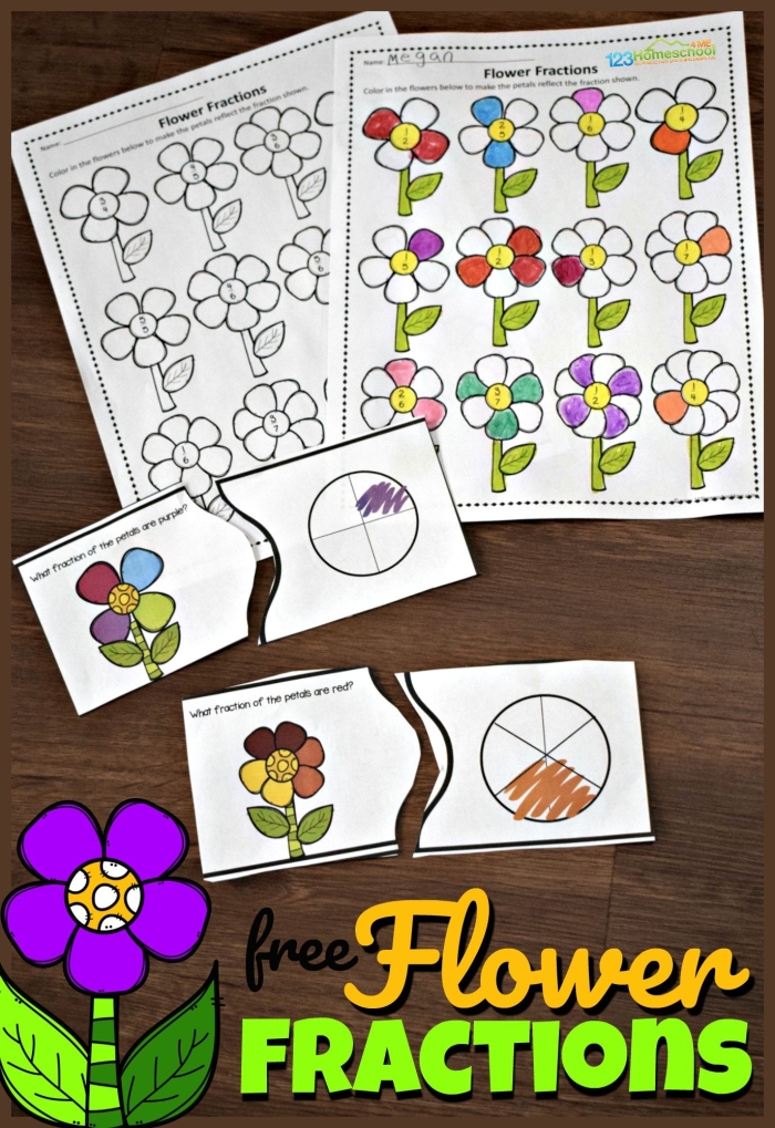 Third grade student coloring garden plots while practicing fraction reduction skills on a math worksheet