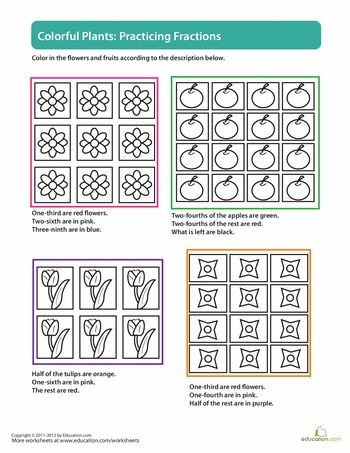 Third grade student coloring garden plots to practice reducing fractions on a worksheet