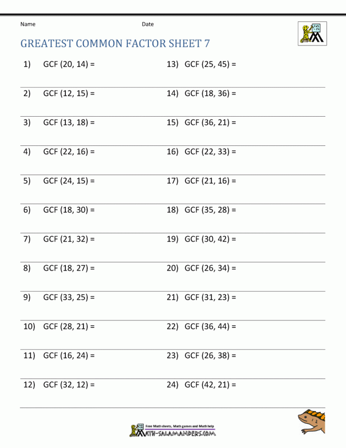 Greatest Common Factor Part 1 exercise for fourth graders in grammar and mechanics category Fourth grade math worksheet focused on finding the greatest common factor of two numbers